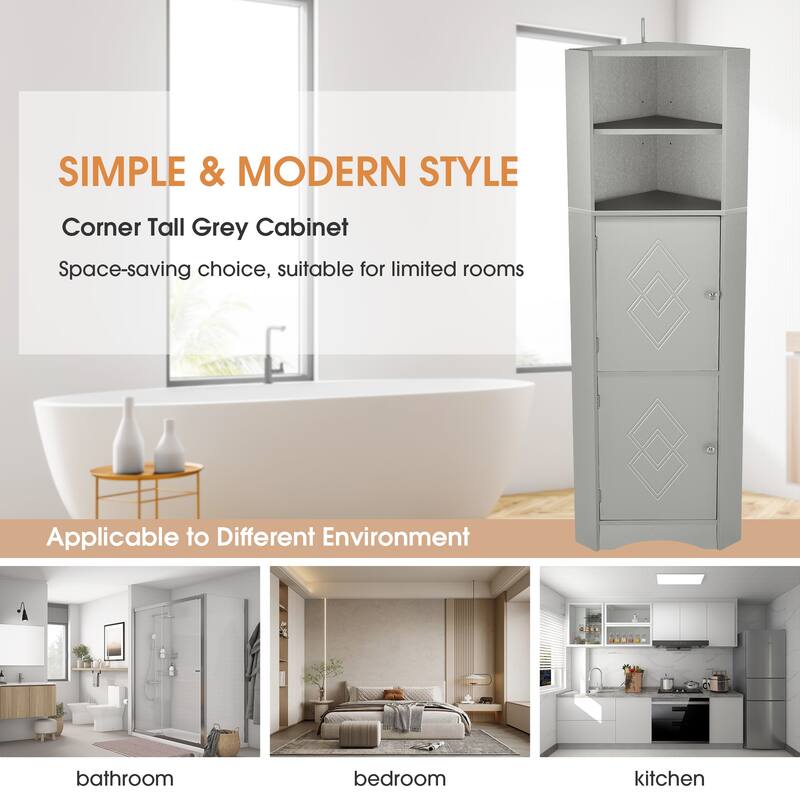 61" H Bathroom Cabinet, Freestanding Floor Storage Cabinet with Open Shelf & Doors