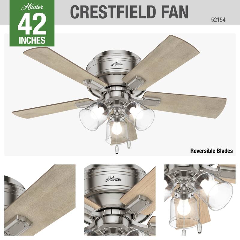 Hunter 42" Crestfield Low Profile Ceiling Fan with 3-Light LED Light Kit and Pull Chain - Casual, Farmhouse, Rustic