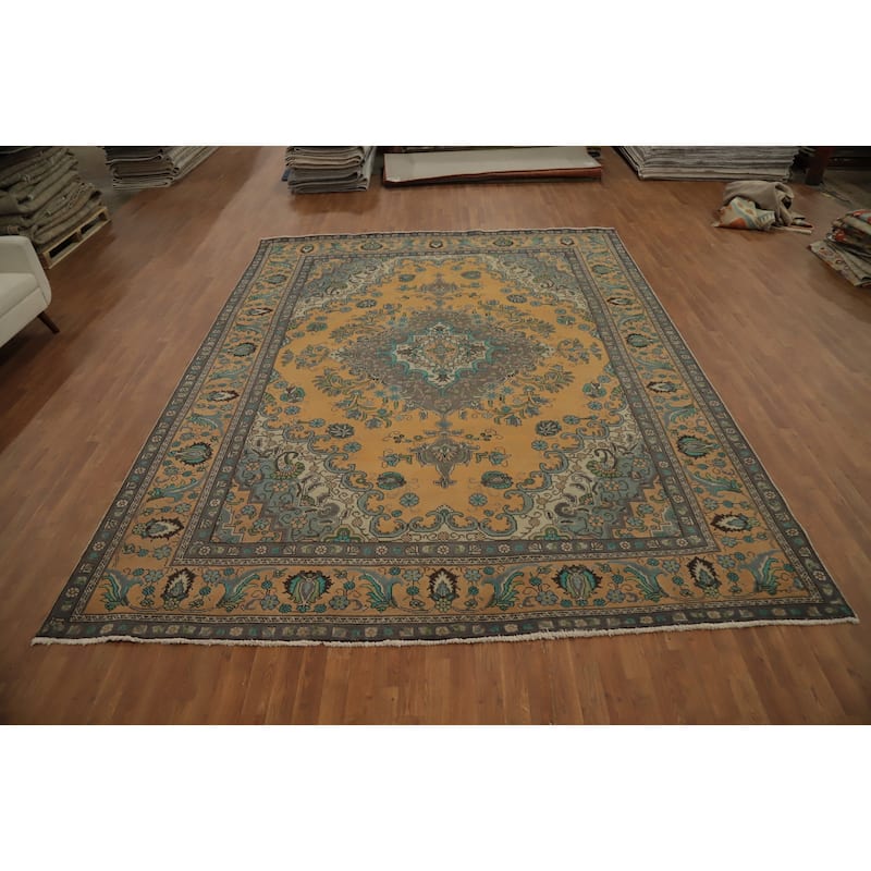 Hand Knotted Oriental 100% Wool Carpet Traditional Floral Oranges & Rust Tabriz Area Rug - 12' 10'' X 9' 9''