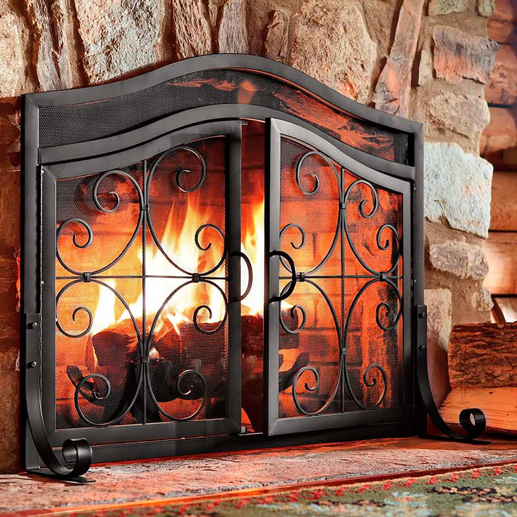 2-Door Crest Metal Fireplace Screen With Doors