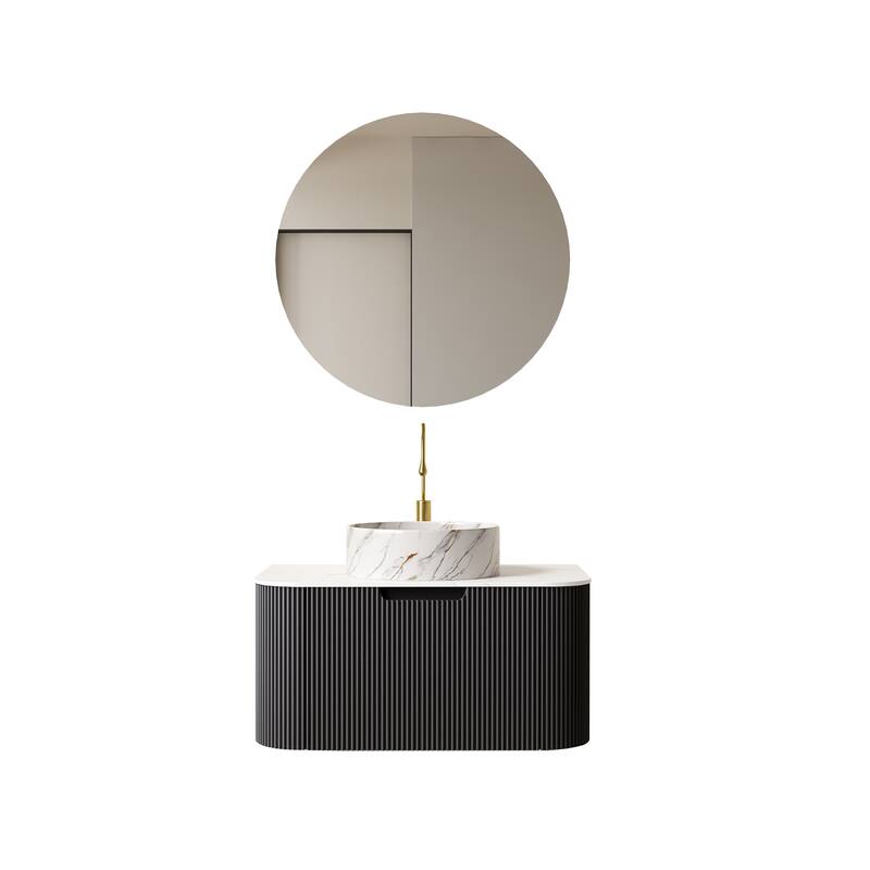 24 Inch/30 Inch/36 Inch Wall-Mounted Bathroom Vanity Cabinet with Counter Top Sink, Round Ceramic Basin with Stone Pattern