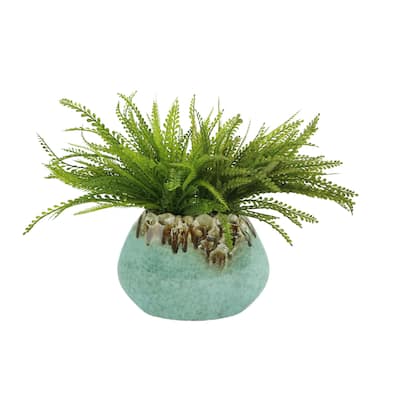 Green Leaf Bush in Teal Ceramic Pot