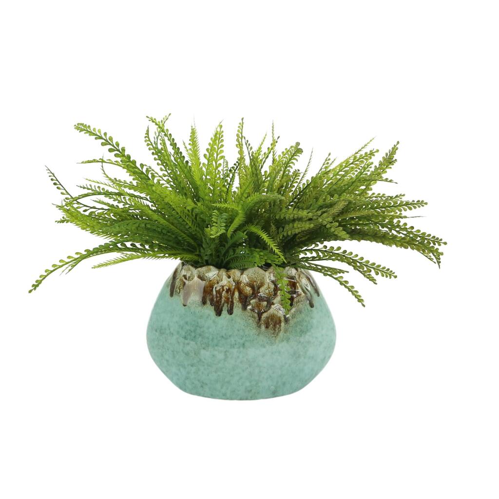 Green Leaf Bush in Teal Ceramic Pot