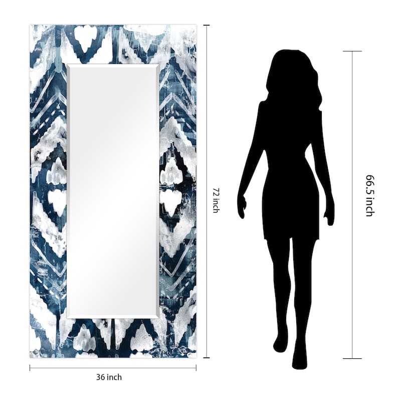 "Indigo Extraction "Abstract Rectangular Beveled Wall Mirror on Free Floating Printed Glass - Clear - 72 x 36