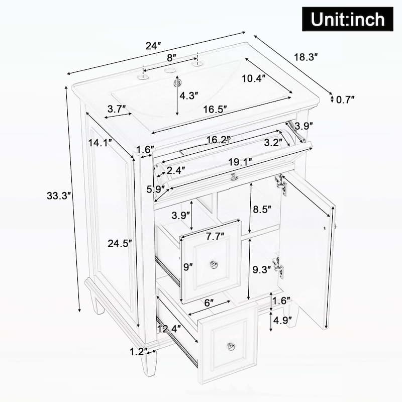 Bathroom Vanity Cabinet with One Flip Drawer and Two Drawers,with Sink