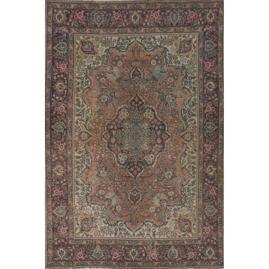Tabriz Persian Vintage Rug Handmade Coral Wool Carpet - 6'5"x 9'5"