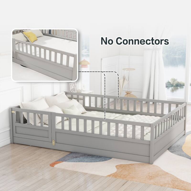 Pine Floor Bed with Guardrail & Door