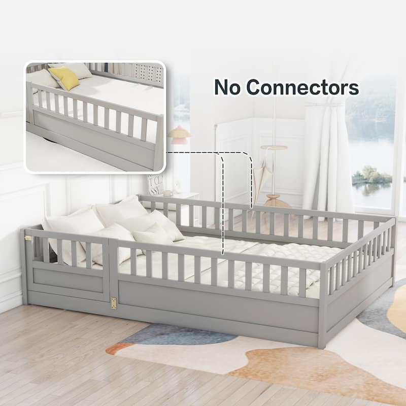 Pine Wood Floor Bed with Full-Length Guardrail and Door