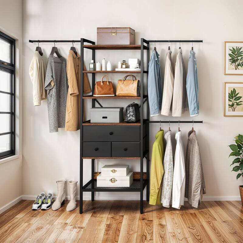 Wall-Mounted Clothing Storage Rack Multi-Functional Closet Organizer System with Adjustable Rods and Shelves