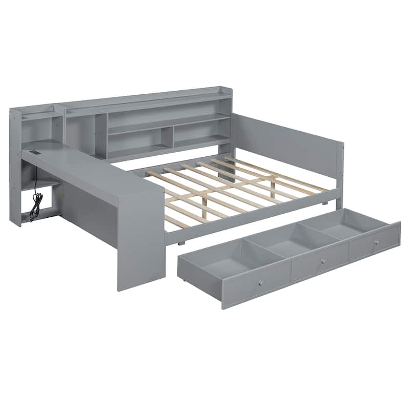 Full Size Daybed with 3 Storage Drawers & Shelves Headboard, Wooden Sofa Bed Frame with USB Ports and Desk, No Box Spring Needed