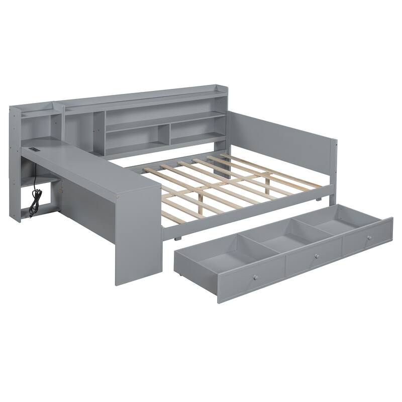 Full Size Modern Wooden Daybed with 3 Drawers, USB Ports & Desk