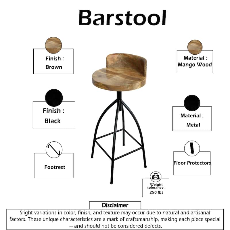 Pia 32-35 Extra Tall Adjustable Barstool, Natural Brown Mango Wood Seat, Black Iron Frame