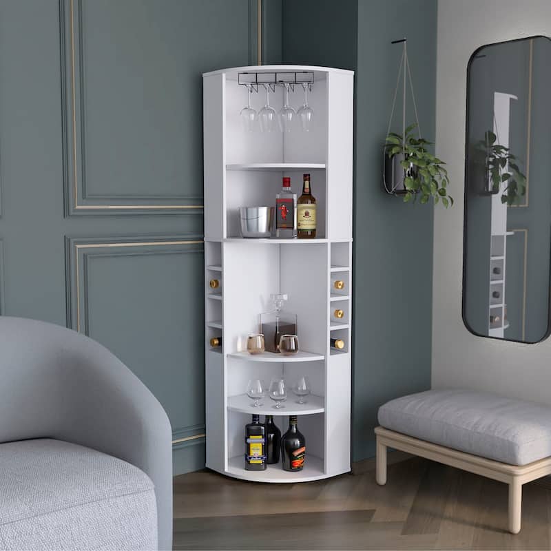 Oban Corner Bar Cabinet with Five Shelves , Eight Bottle Cubbies - Laminate - White