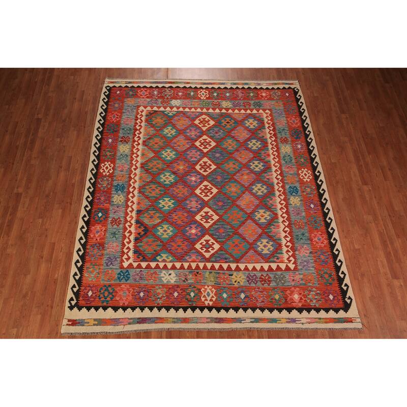Kilim Oriental Area Rug Hand-Woven Orange Wool Carpet - 8'1" x 9'10"