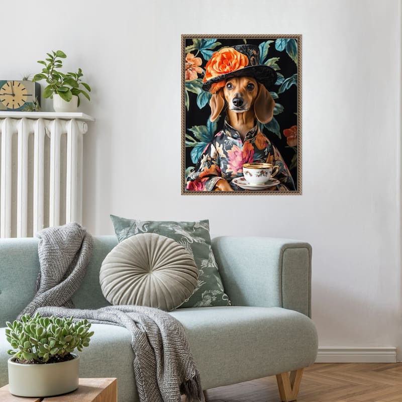 Tea Time Dachshund by Mowzu Framed Canvas Wall Art