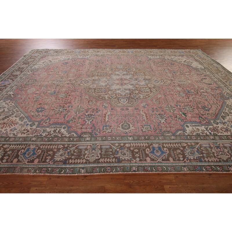 Distressed Pink Tabriz Persian Vintage Rug Handmade Wool Carpet - 9'8" x 12'8"