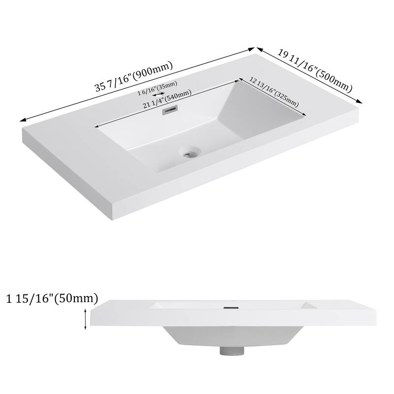 GDFStudio - Elara Gloss White Resin Bathroom Sink Top Only, Modern Rectangular Basin for Wall-Mounted Vanities