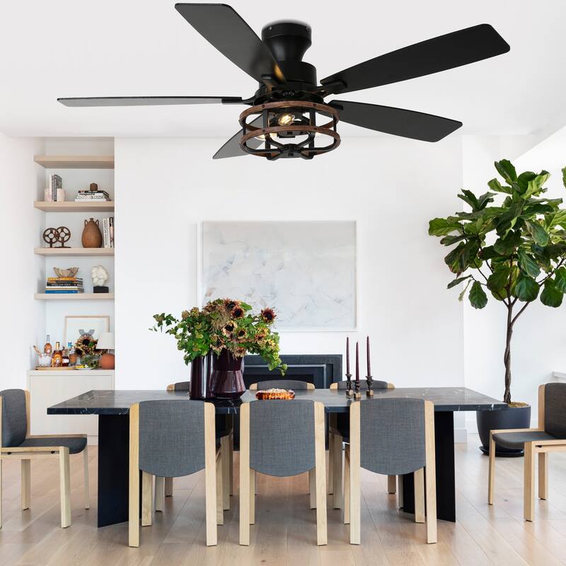 Bella Depot 52" Black Industrial Flush Mount Ceiling Fan with Light and Remote 6-speed Reversible DC Motor Low Profile Fan