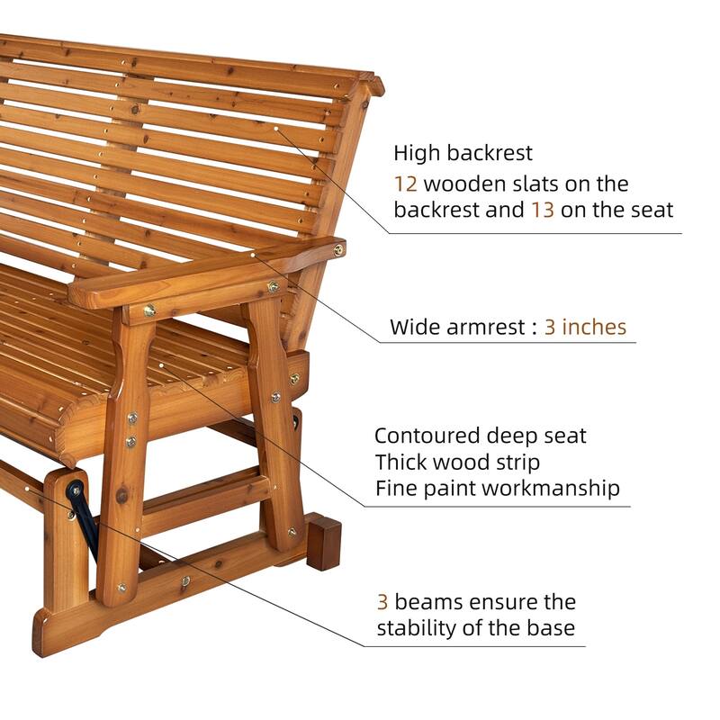 Wooden Patio Glider with High Roll Back and Deep Contoured Seat