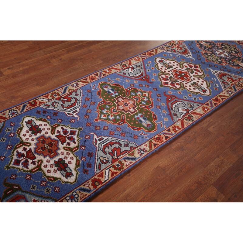 Geometric Blue Kazak Oriental Runner Rug Hand-Knotted Wool Carpet - 2'7"x 8'0"