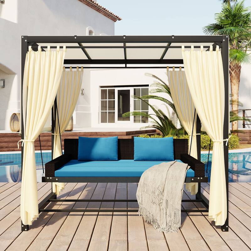 Reclining Porch Swing Bed, Gazebo Chair w/ Adjustable Canopy, Blue On