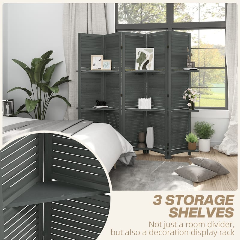 HOMCOM 5 Panel 67" Tall Wood Room Divider, Privacy Screen with 3 Display Shelves, and Folding Storage for Bedroom or Home Office