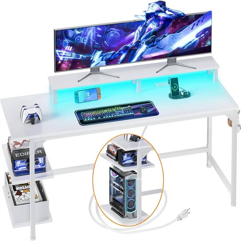 Gaming Desk with Charging Station - White