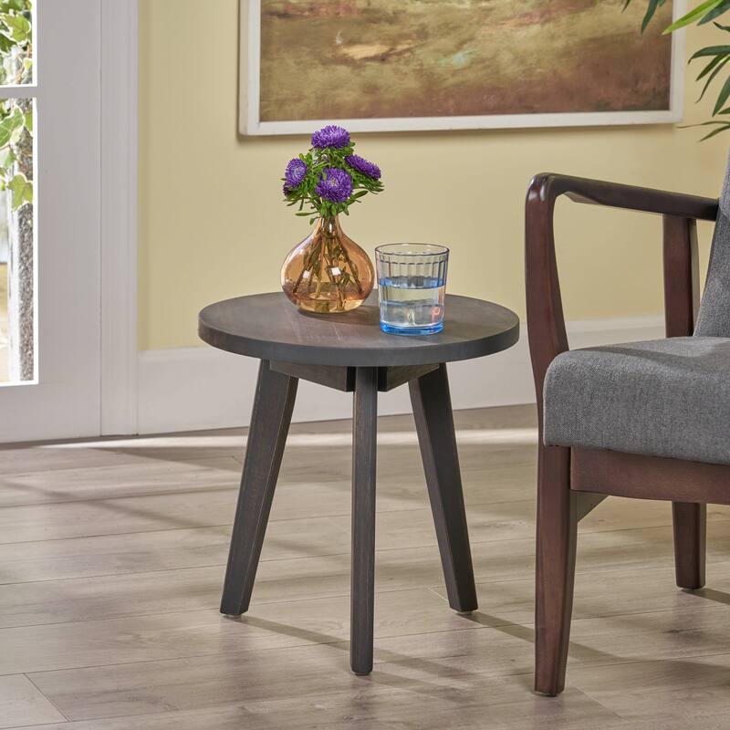 Modern Acacia Wood Side Table with Round Top and Triangular Base - Dark Grey