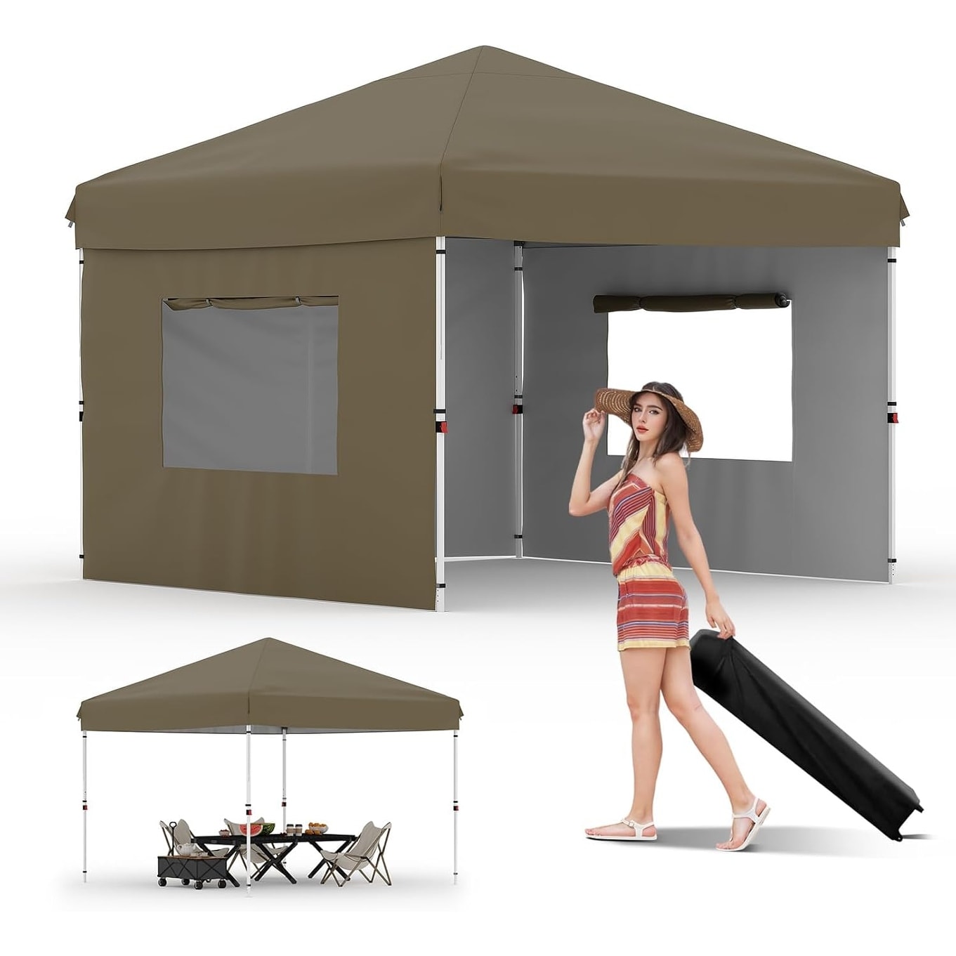 10'x10' Pop-Up Canopy Tent with 3 Sidewalls, Brown