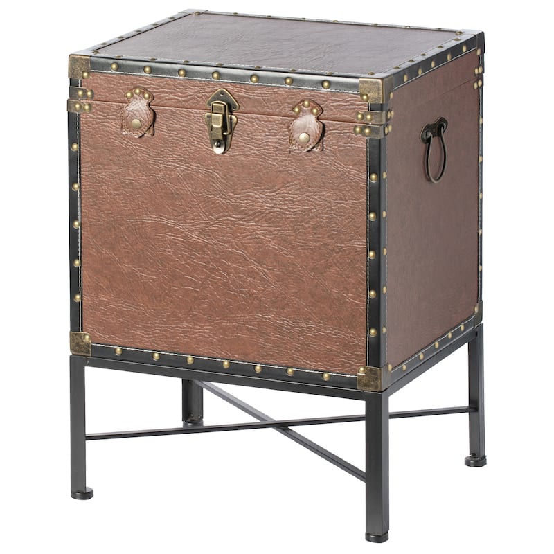 Trimmed Faux Leather Lockable Square Lined Storage Trunk, End Table on Metal Stand