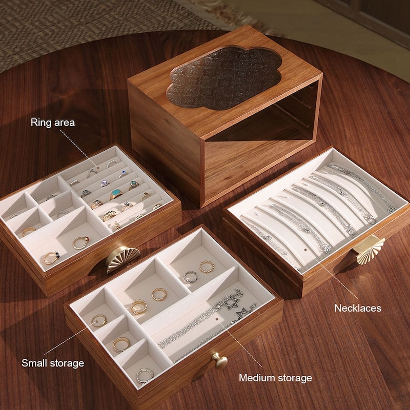 Walnut Color Pull-Out with Brass Handles and Glass Skylight 3-Tiered Jewelry Box - 10.24