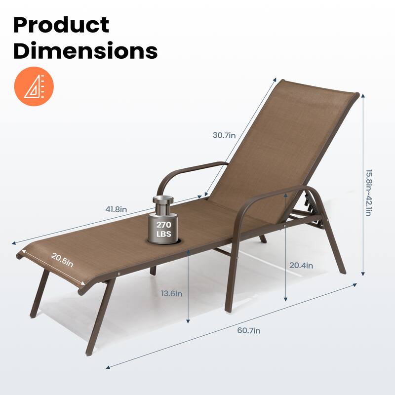 Pellebant Outdoor Adjustable Patio Chaise Lounge Chairs with Armrest Set of 2