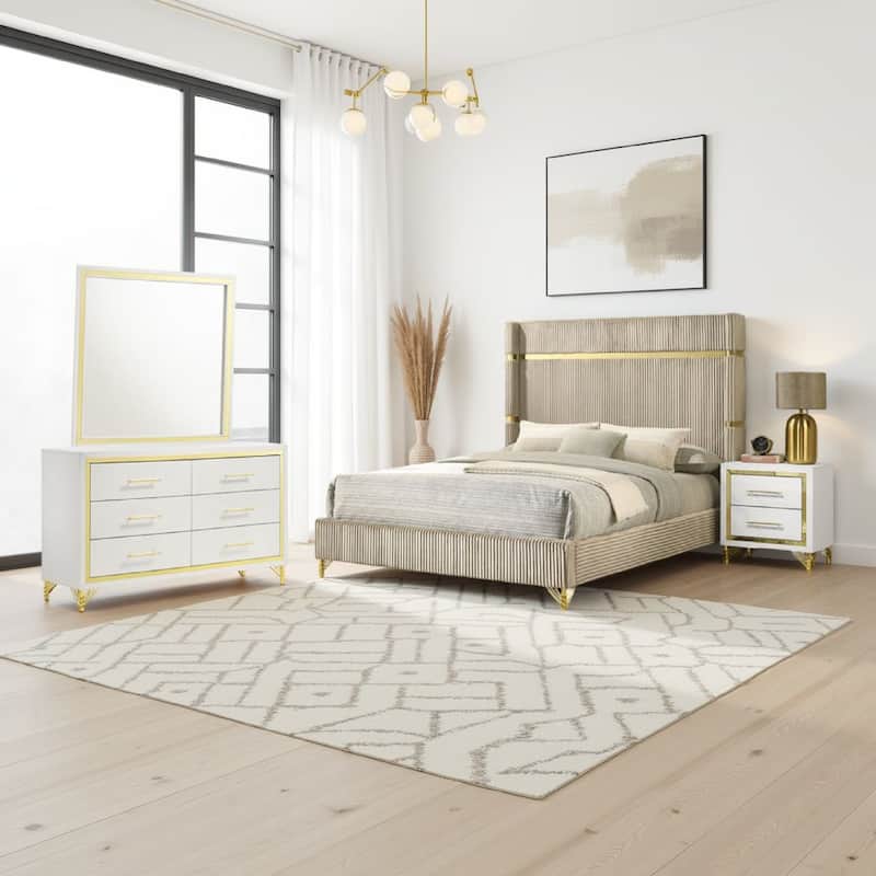 Jenny 4pc Queen Bedroom Set, Textured Beige Wood and Gold Metal Accent