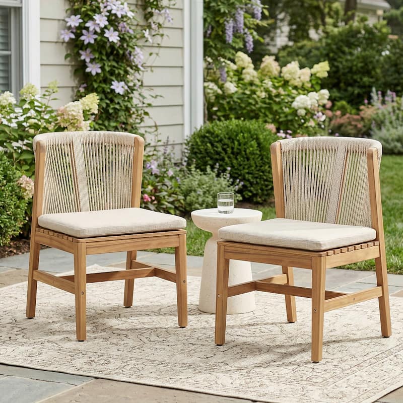 Christopher Knight Home - Louie Outdoor Acacia Wood Dining Chairs with Rope Backrest and Cushioned Seat, Set of 2 - Teak Finish+Beige