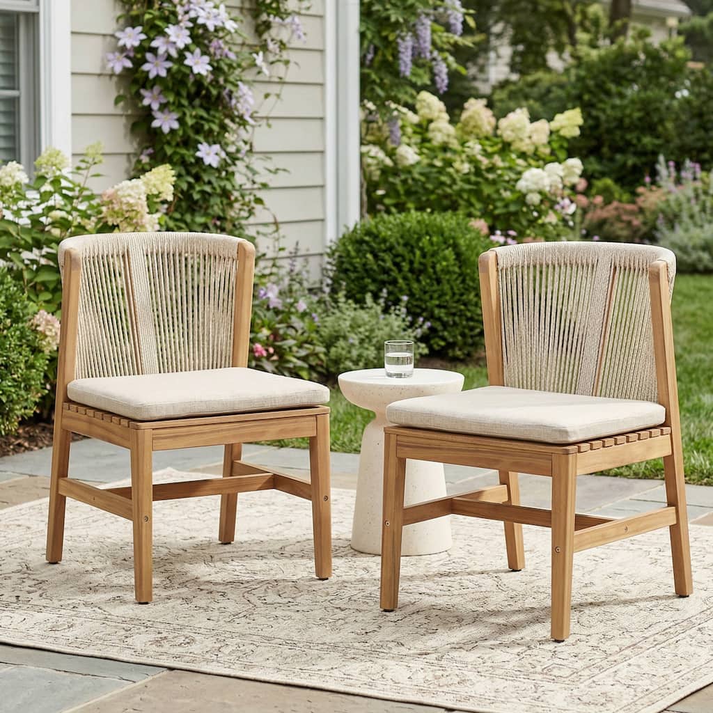 Christopher Knight Home - Louie Outdoor Acacia Wood Dining Chairs with Rope Backrest and Cushioned Seat, Set of 2