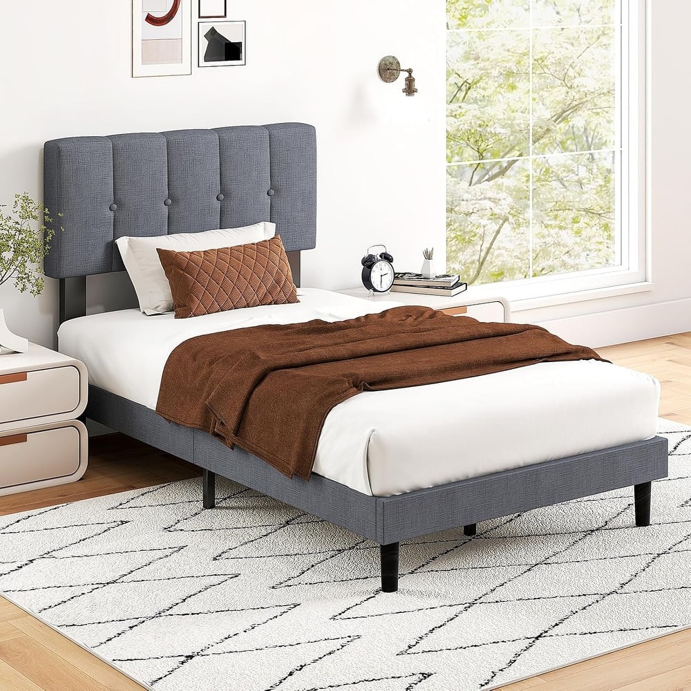 Queen Size Platform Bed Frame with Fabric Upholstered Headboard and Wooden Slats Support, No Box Spring Needed/Easy Assembly