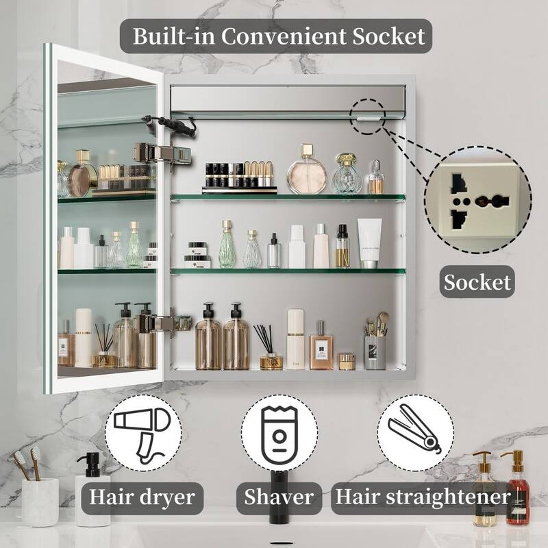 Illuminated LED Wall Mirrored Bathroom Storage Medicine Cabinet with Shaver Socket Bluetooth Anti-Fog Lighted Mirror Cabinet