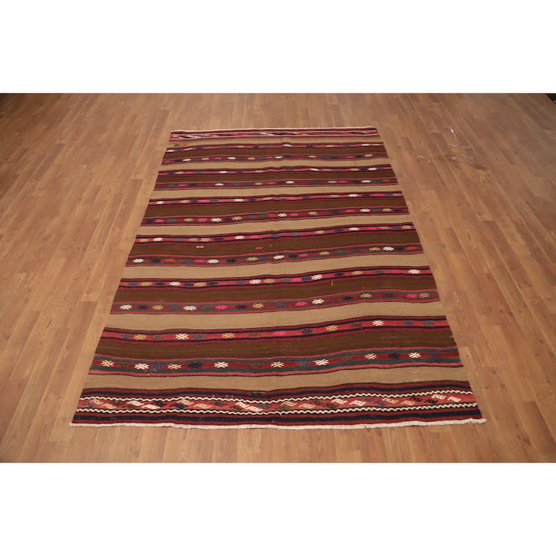 Hand Woven Oriental 100% Wool Carpet Southwestern Tribal Brown Kilim Area Rug - 7' 3'' X 4' 11''