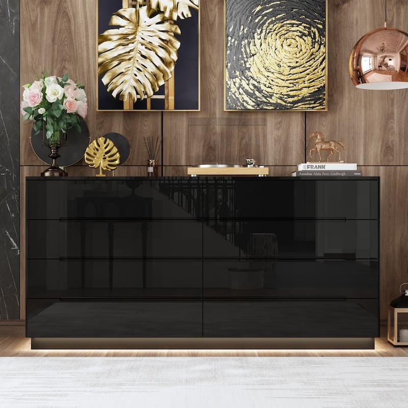 8 Drawer Double Dresser Dresser w/High Gloss Drawers Dual Chest Light