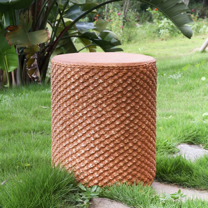 Roomfitters Evie Outdoor Round Side Table with Faux Rattan Weave Texture, Weather Resistant MGO, Brown - Brown