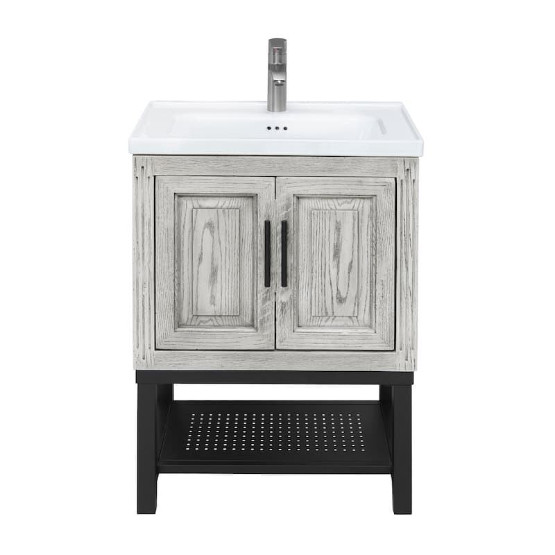 GDFStudio - CompactLine Modern Freestanding Bathroom Vanity with Ceramic Sink and Open Shelf - 24 Inch