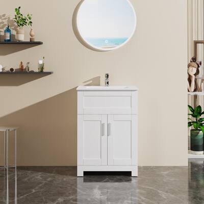 24 inch MDF Freestanding Bathroom Vanity Set in White with Integrated Ceramic Sink