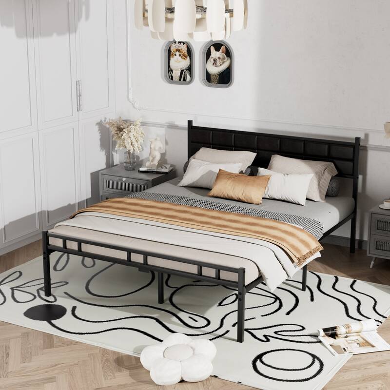 Javlergo Metal Bed Frame with PU Upholstered Headboard, No Box Spring Needed