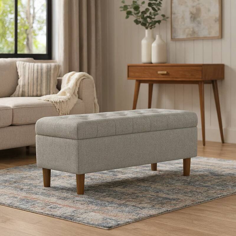 Sol Storage Bench Ottoman, Gray Woven Fabric, Brown Wood, 40 Inch