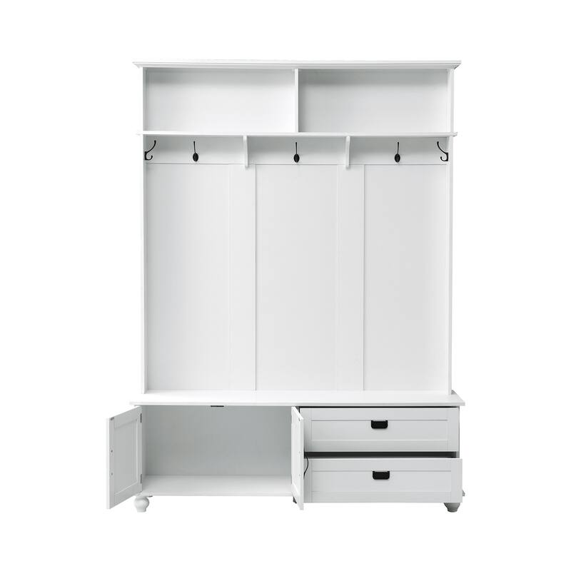 Modern Style Hall Tree with Storage Cabinet and 2 Large Drawers and 5 Coat Hooks