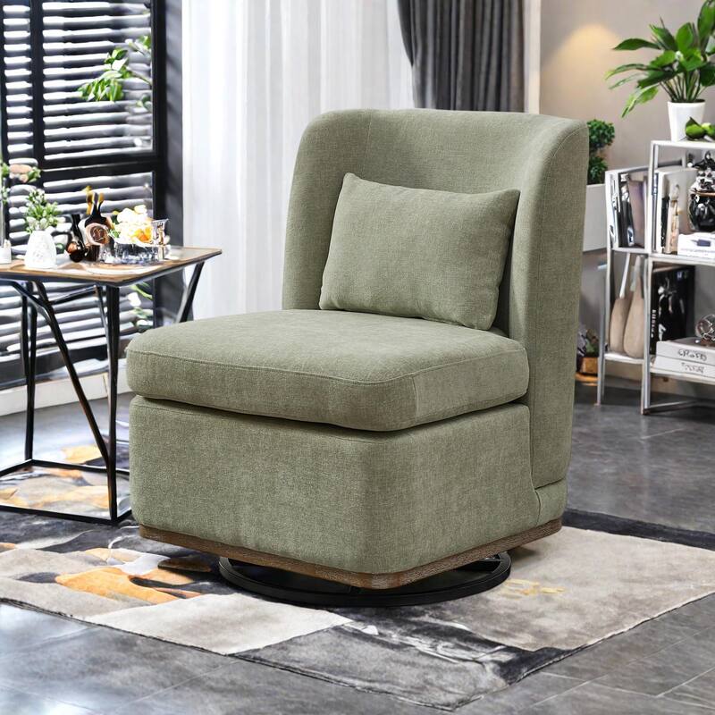 Chenille 360° Swivel Armless Chair with Metal Base, High-Density Foam Cushion, and Included Pillow - Pale Green