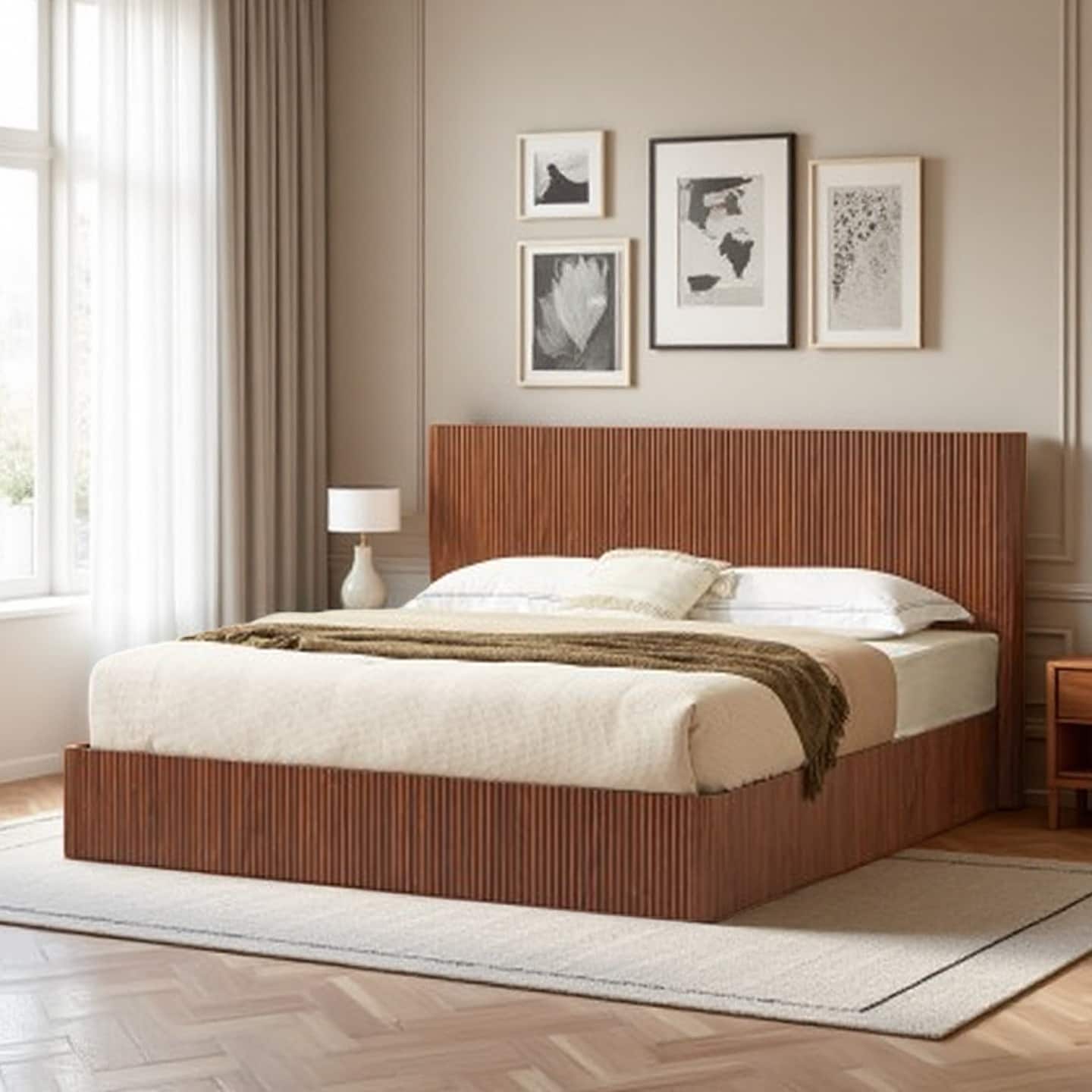 Queen Size Hydraulic Lift Storage Bed Frame, Walnut Wood Platform with Curved Panel Design, Heavy-Duty Slat Support