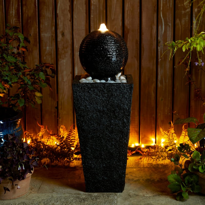 Glitzhome 31.75"H Polyresin Sphere Pedestal Outdoor Fountain With Pebbles Pump LED Light