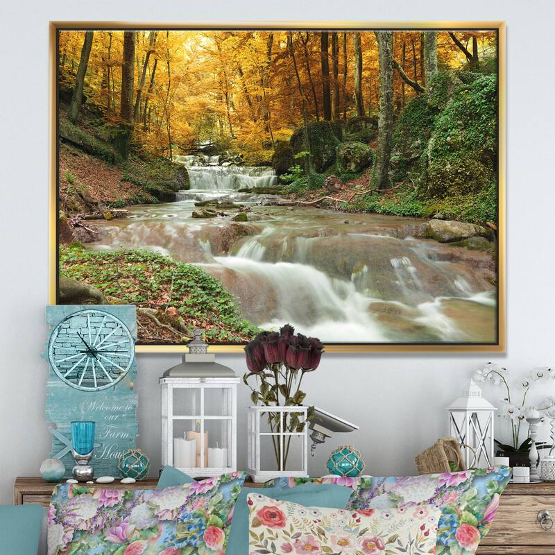 Designart "Forest Waterfall with Yellow Trees" Large Landscape Framed Canvas Art Print