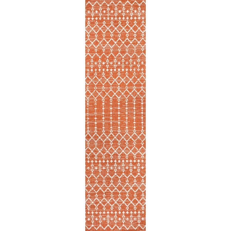 JONATHAN Y Trebol Moroccan Geometric Textured Weave Indoor/Outdoor Area Rug - 2 X 10 - Orange/Cream